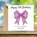 Personalized 12th Birthday Card, Pink Coquette Bow, Gold Sparkles, Daughter Sister Keepsake