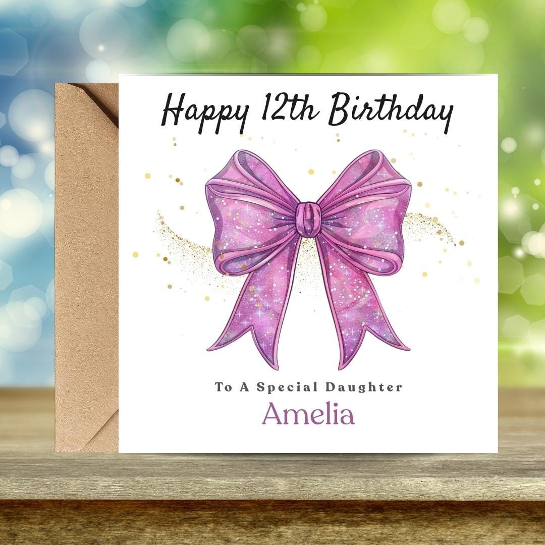 Personalized 12th Birthday Card, Pink Coquette Bow, Gold Sparkles, Daughter Sister Keepsake
