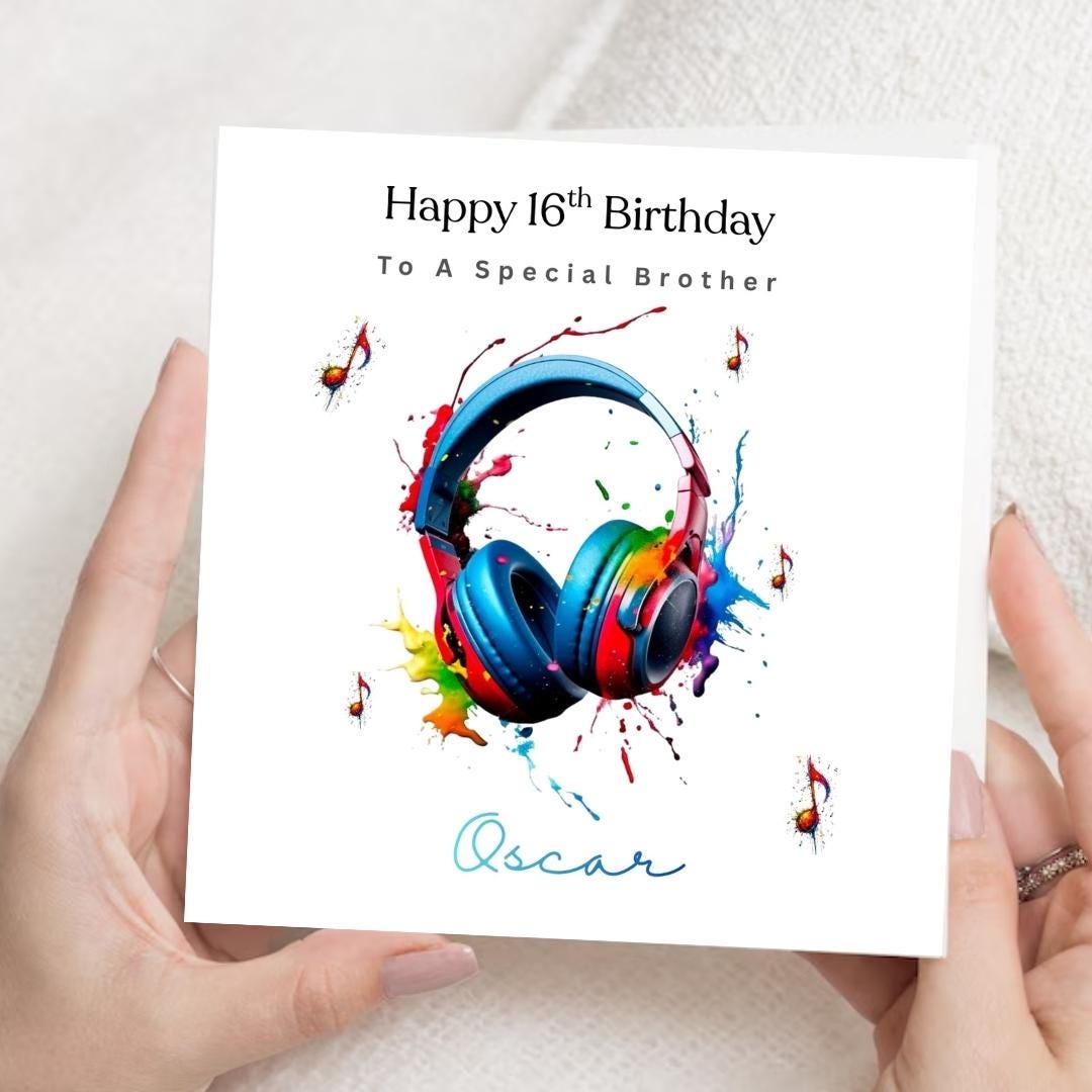 Personalized 16th Birthday Card For Son Grandson, Custom Name Music Lover Headphones