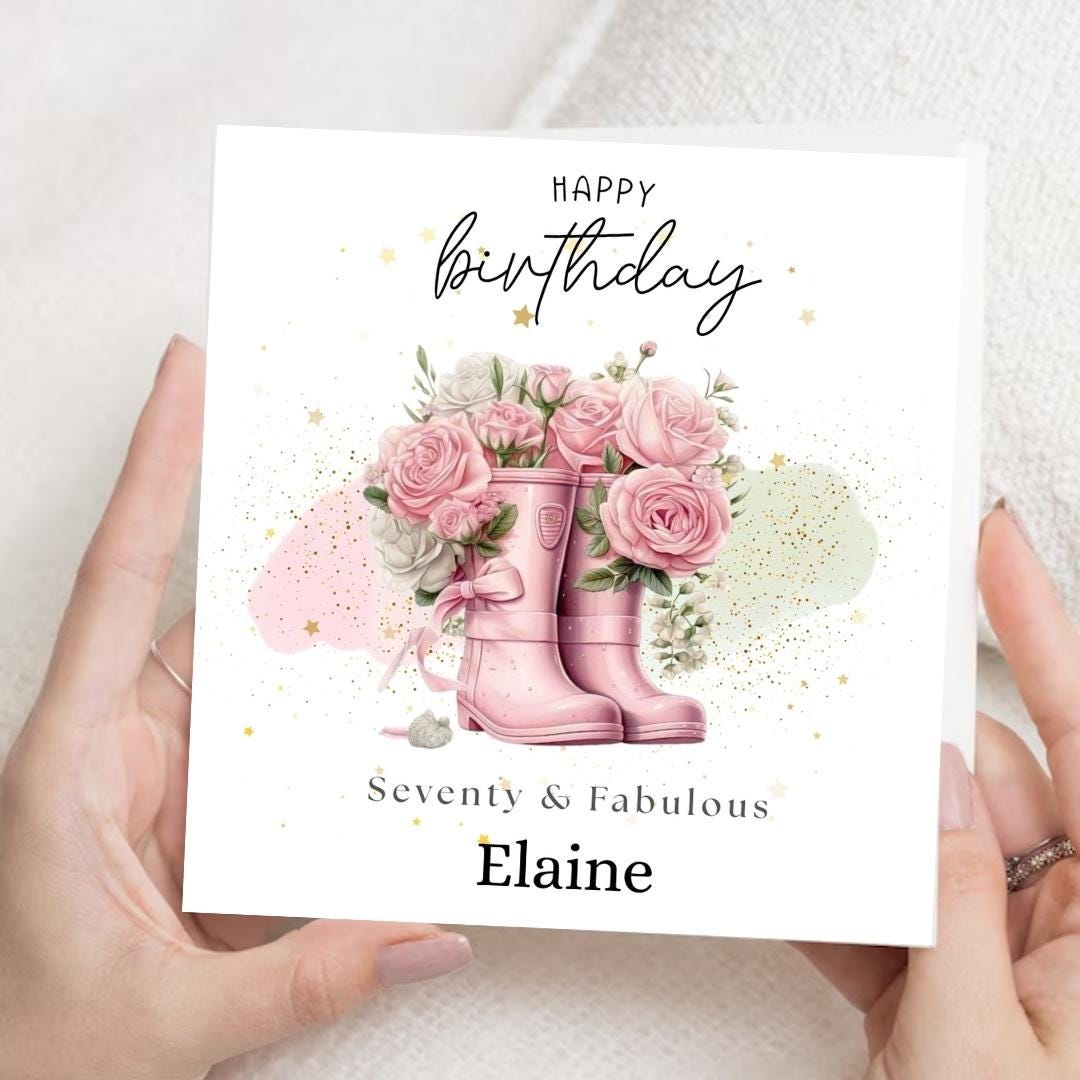 Personalized 70th Birthday Card, Gardener Pink Wellies Floral Rose Design Keepsake Milestone