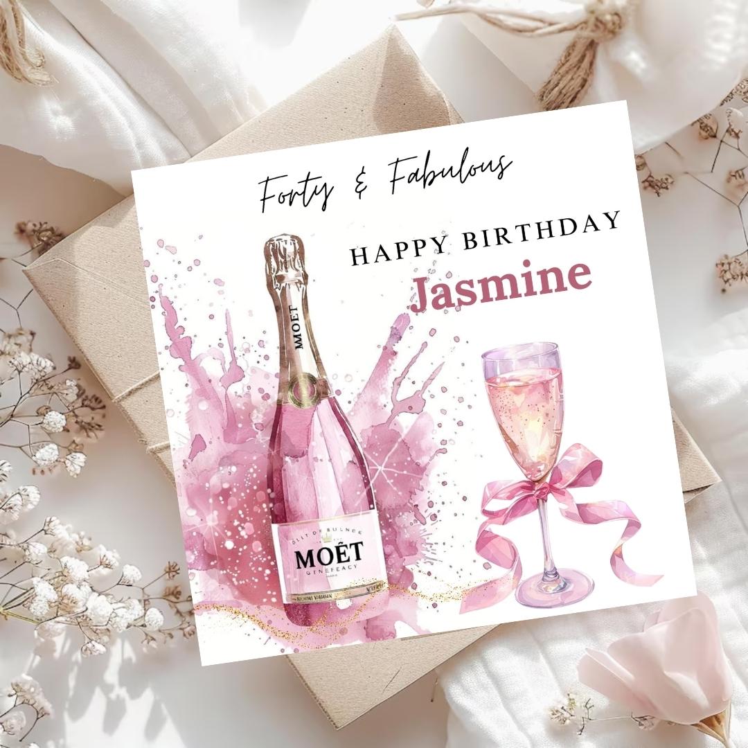 Personalized 40th Birthday Card, Pink Champagne Gold Dust Design