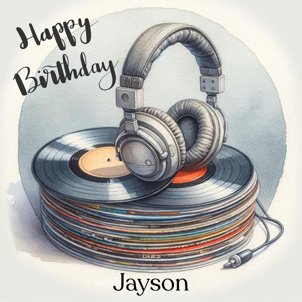 Personalized Music Lover Birthday Card, Vinyl Record & Headphones Design Custom Name, Teen Birthday Cards
