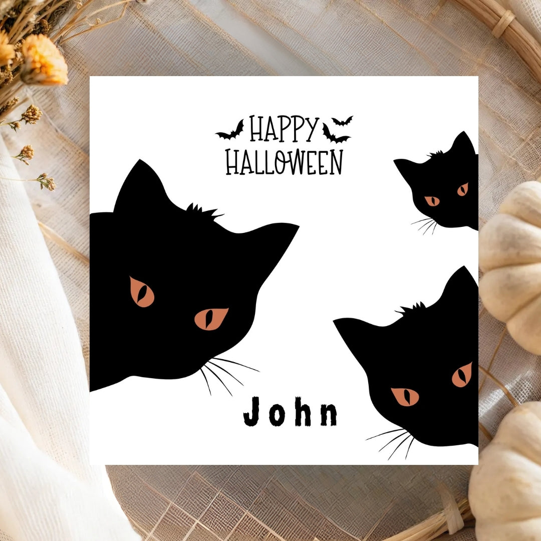 Personalized Halloween Cards With Name, Spooky Cats & Pumpkins Greetings