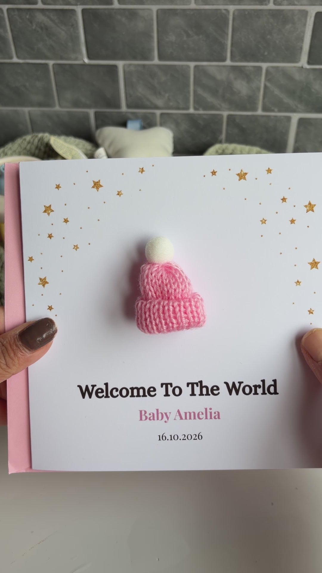 Personalized New Baby Welcome Card with Mini Knitted Wool Hat – Baby Girl Keepsake