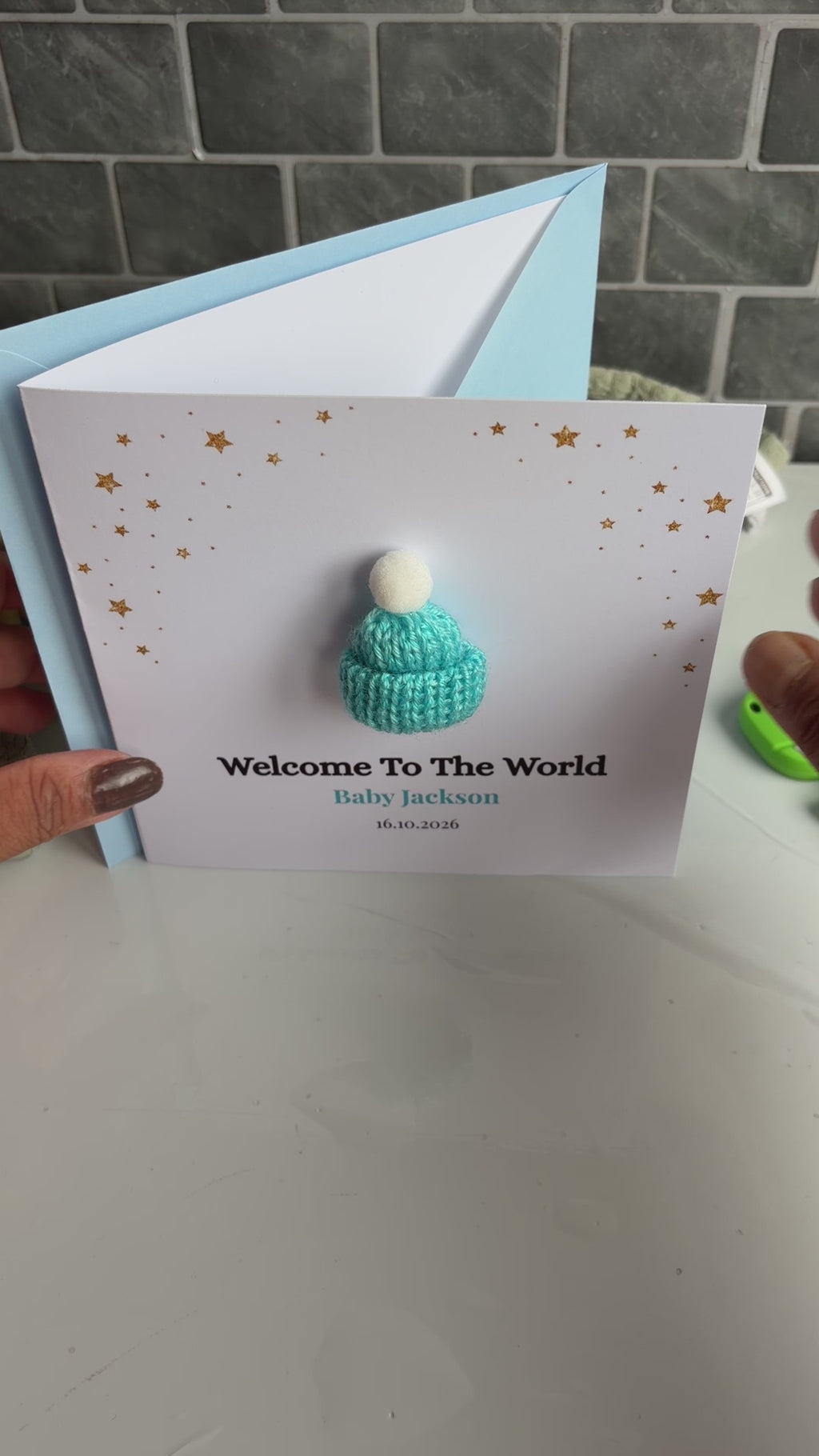 Personalized New Baby Welcome Card with Mini Knitted Wool Hat – Baby Keepsake